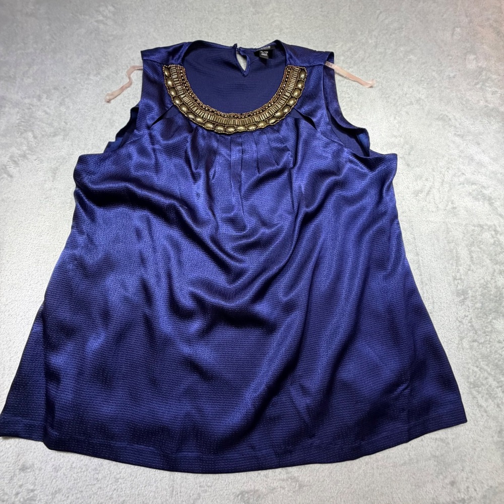 Vintage Nicole Miller XL Navy Blue Beaded Neckline Satin Tank Top 2000s